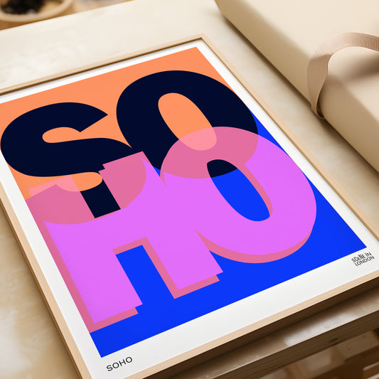 Framed artwork poster with colourful 'SOHO' typography
