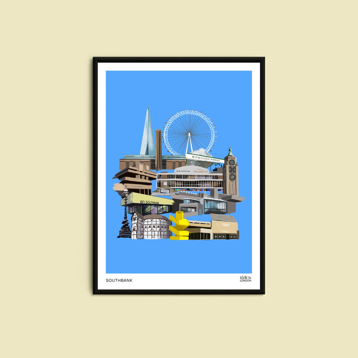 Framed artwork of a London city skyline with landmarks in Southbank with a blue sky.