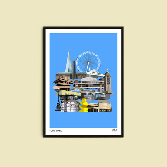 Framed artwork of a London city skyline with landmarks in Southbank with a blue sky.