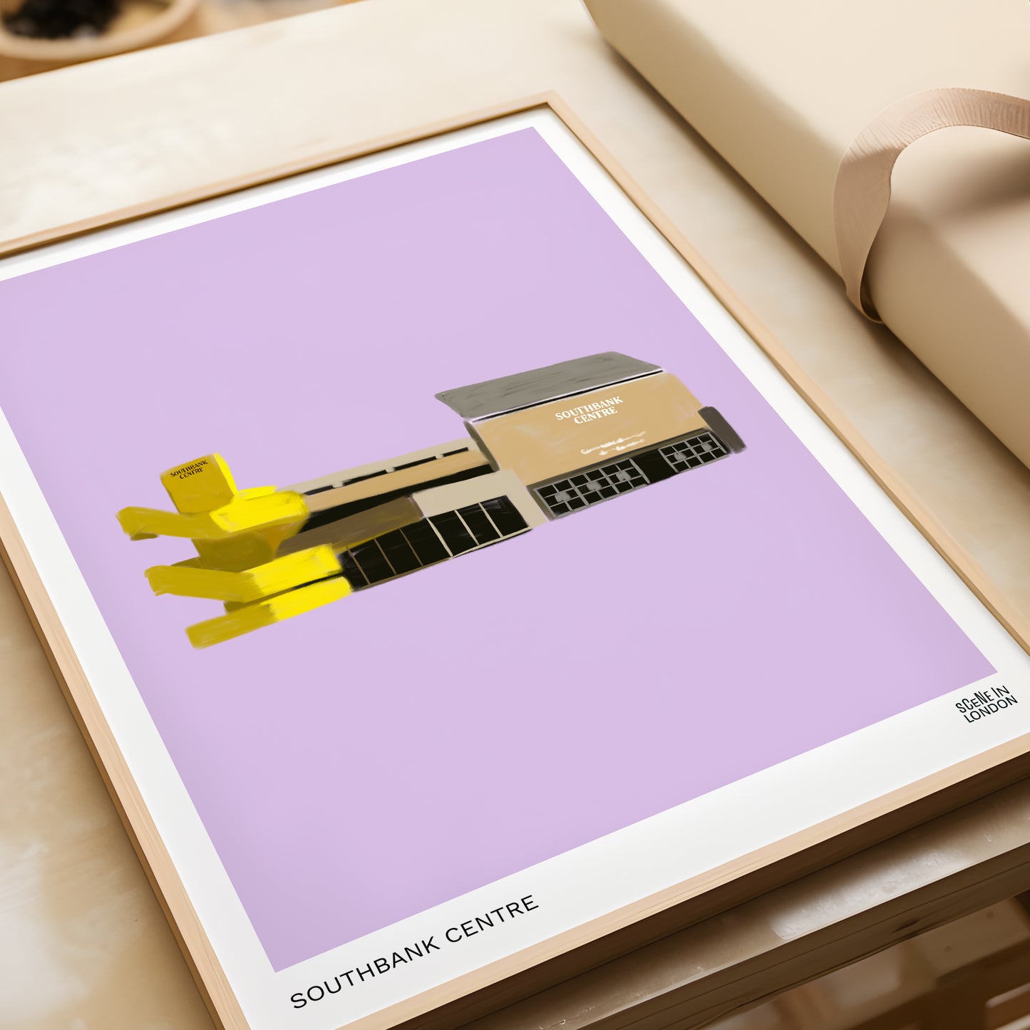 Framed artwork of the Southbank Centre on a purple background