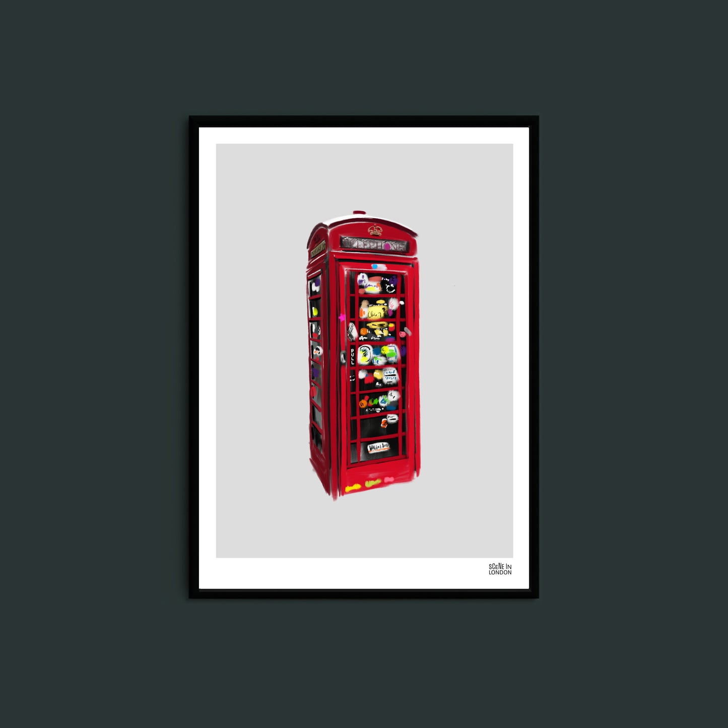 artwork of a red London telephone booth with a white background