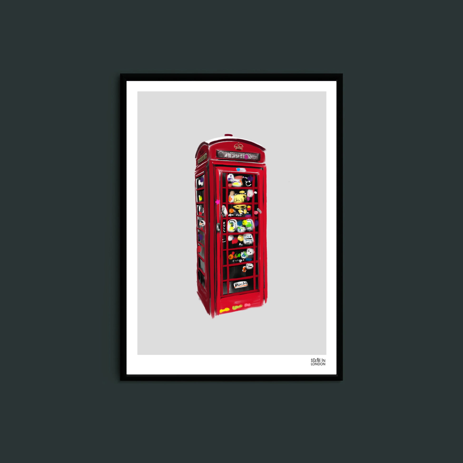 artwork of a red London telephone booth with a white background