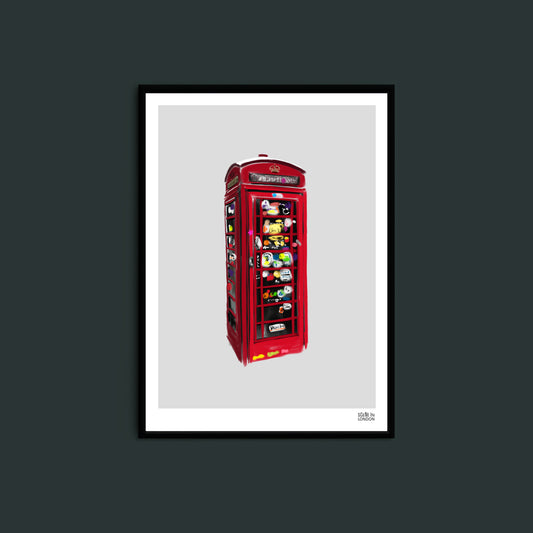 artwork of a red London telephone booth with a white background