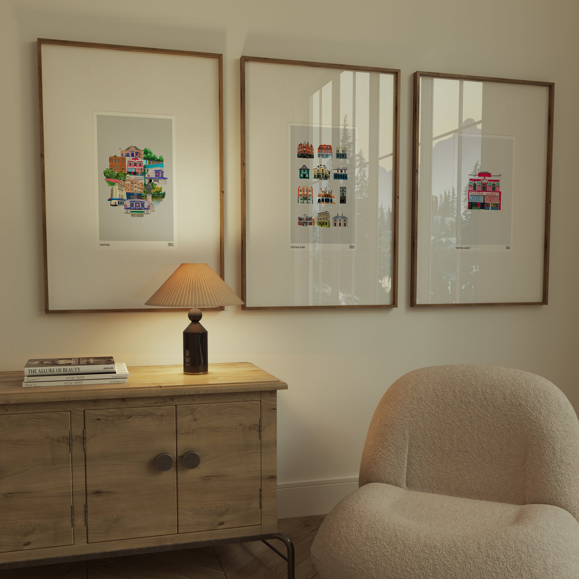 Tooting illustration prints on gallery wall at home