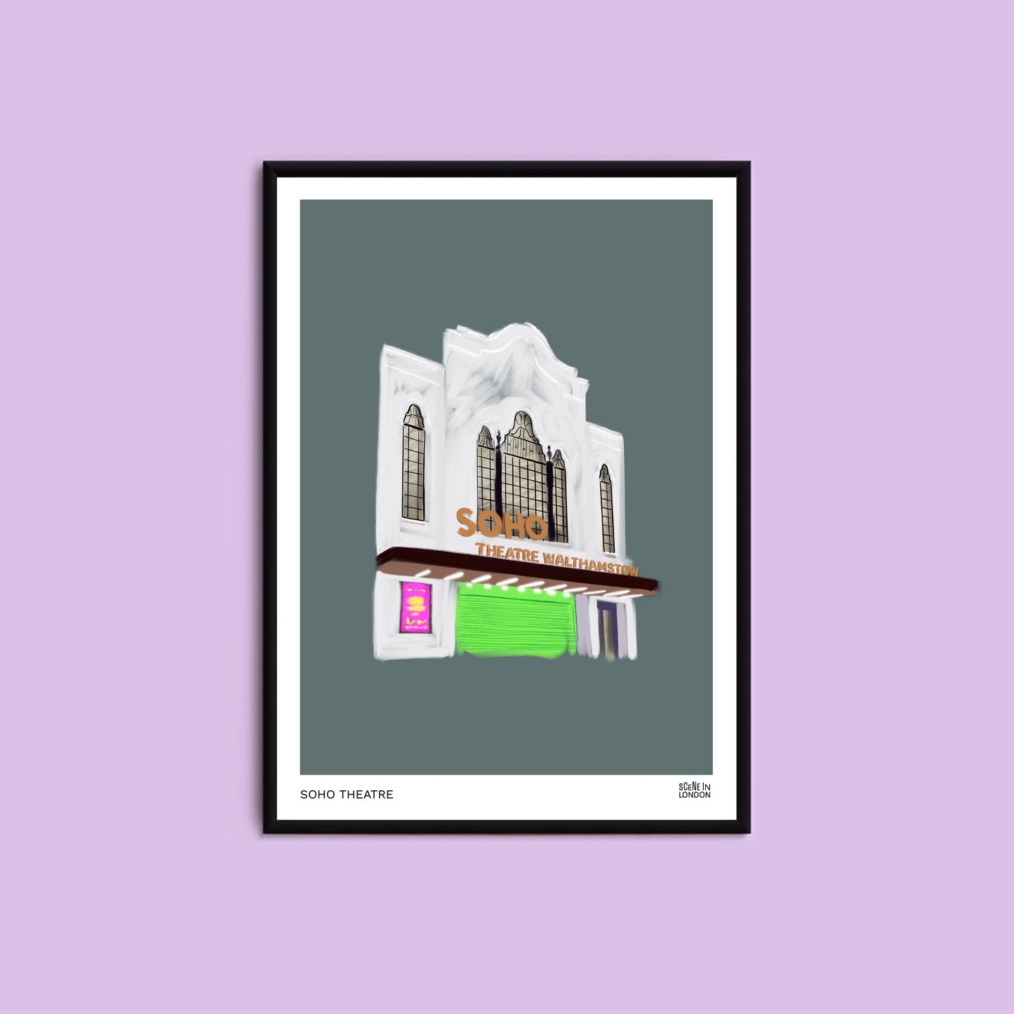 Framed artwork of the Soho Theatre in Walthamstow
