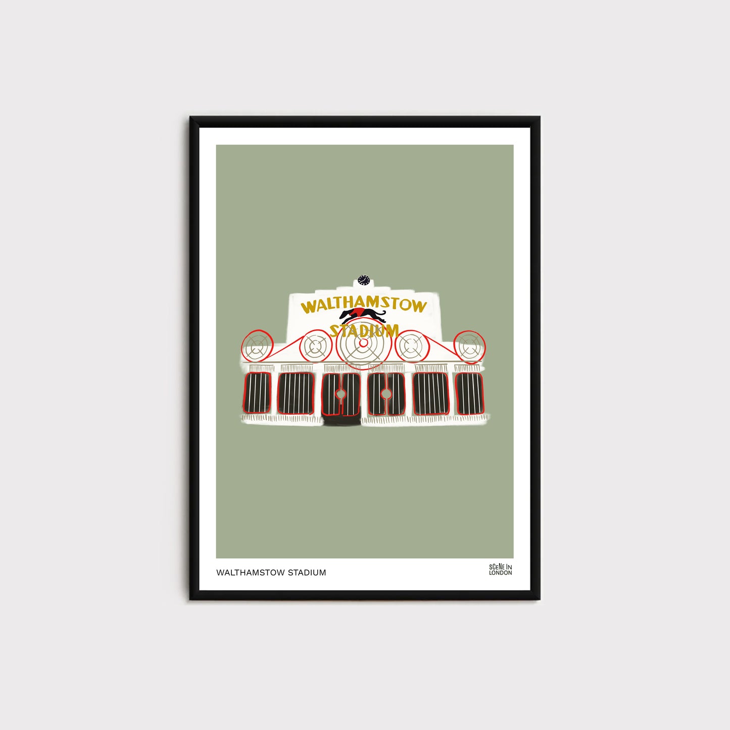 Framed poster of Walthamstow Stadium on a light green background by Scene in London
