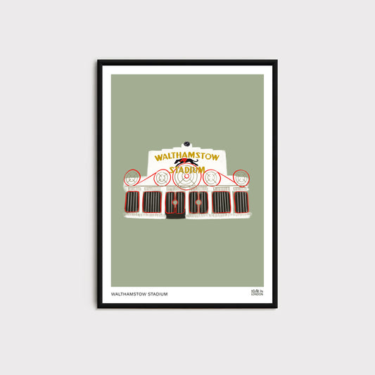 Framed poster of Walthamstow Stadium on a light green background by Scene in London
