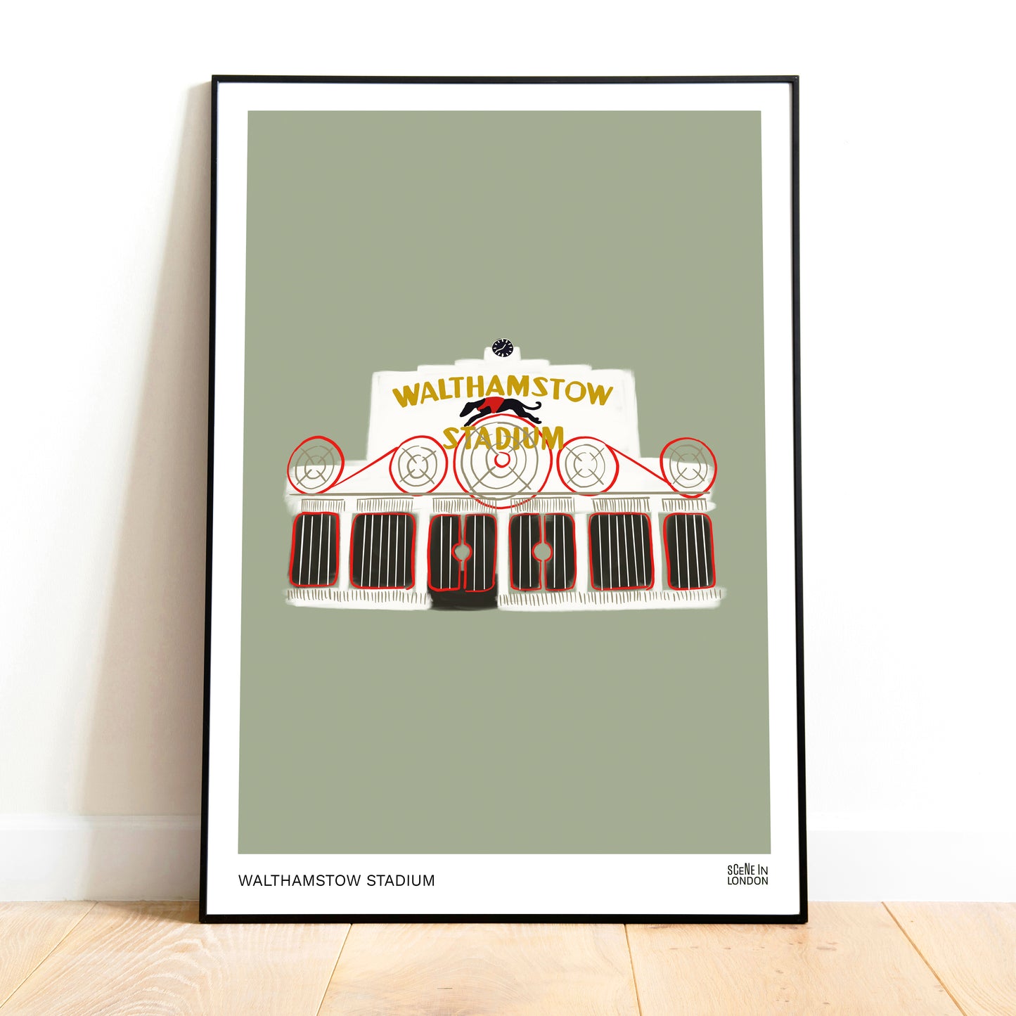 Framed artwork of Walthamstow Stadium on a light green background