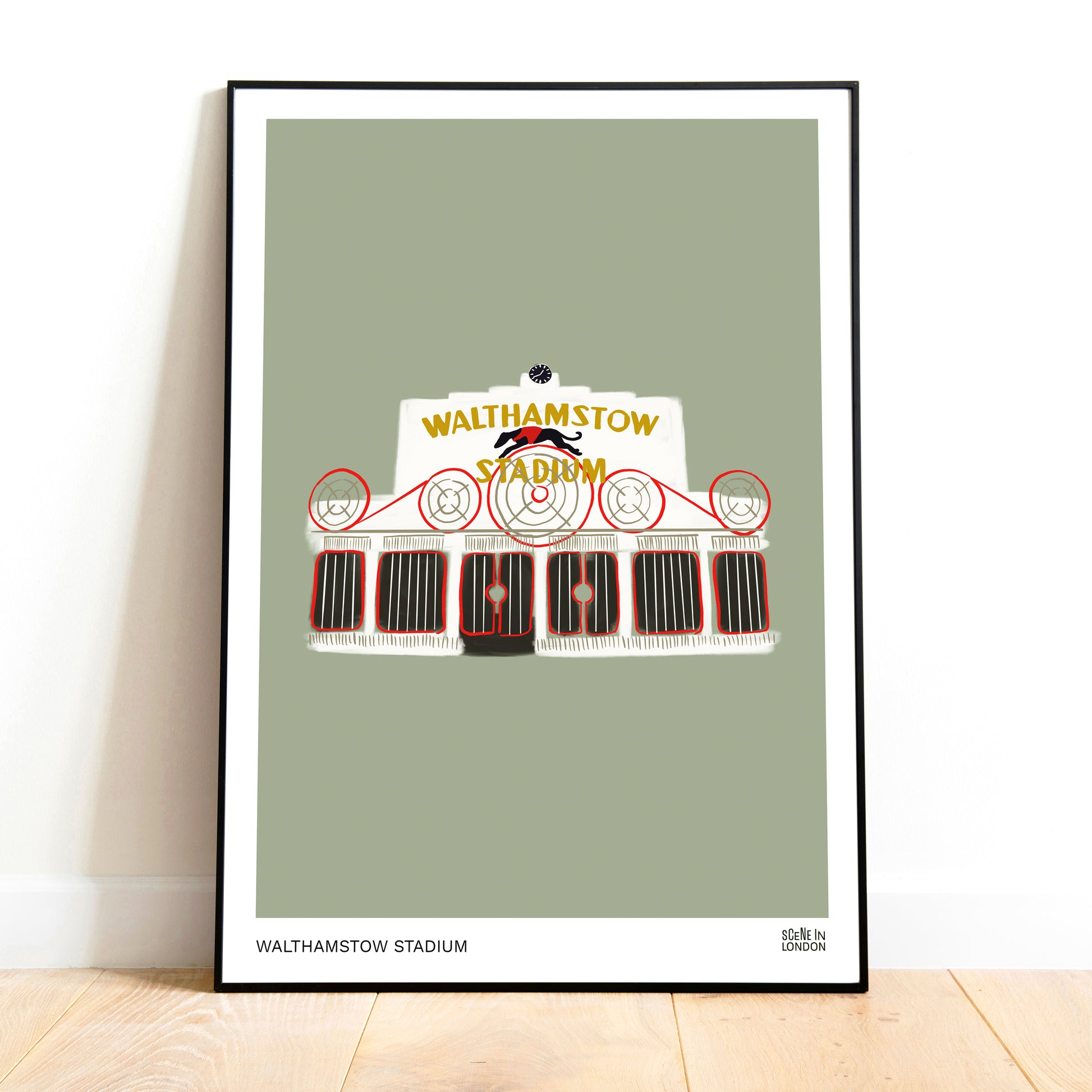 Framed artwork of Walthamstow Stadium on a light green background