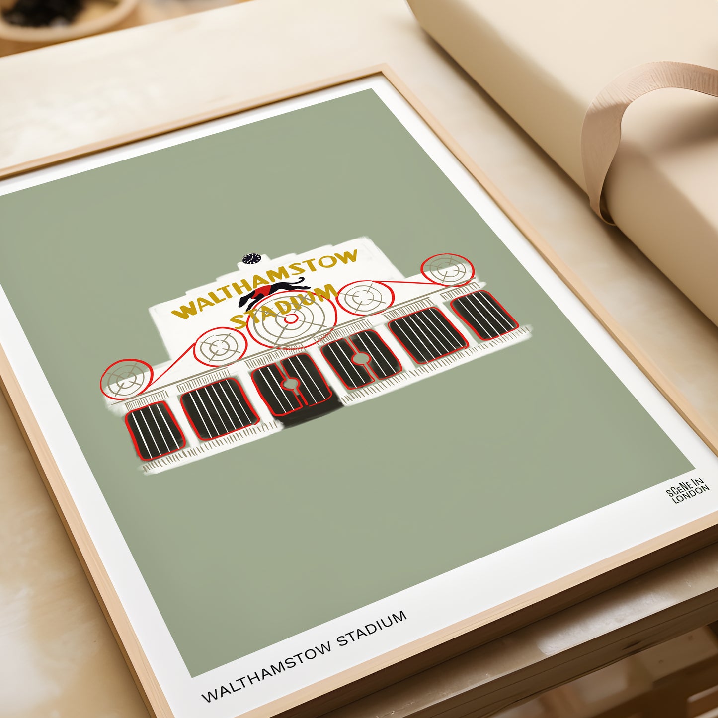 Illustration of Walthamstow Stadium on a green background with a beige frame.